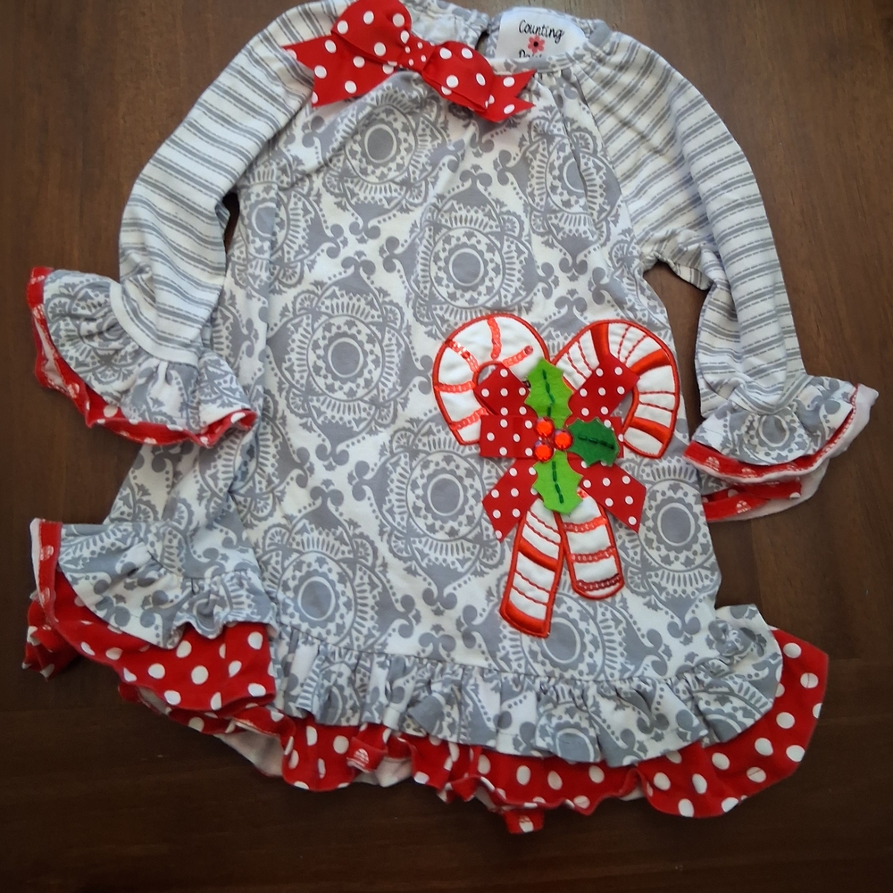 Counting Daisies Christmas Gray and Red Ruffled Candy Cane  Dress with Bow